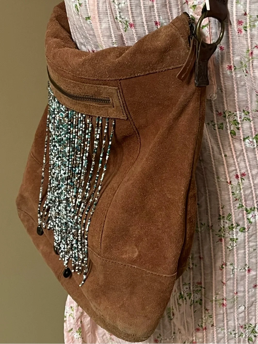 Free People Suede Hobo Shoulder Bag beaded fringe braided shoulder strap BOHO
